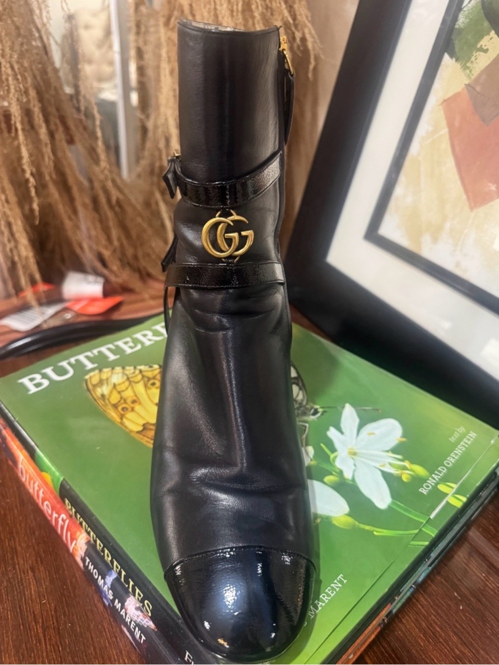 Gucci Black Leather Ankle Boot with Gold GG Emblem